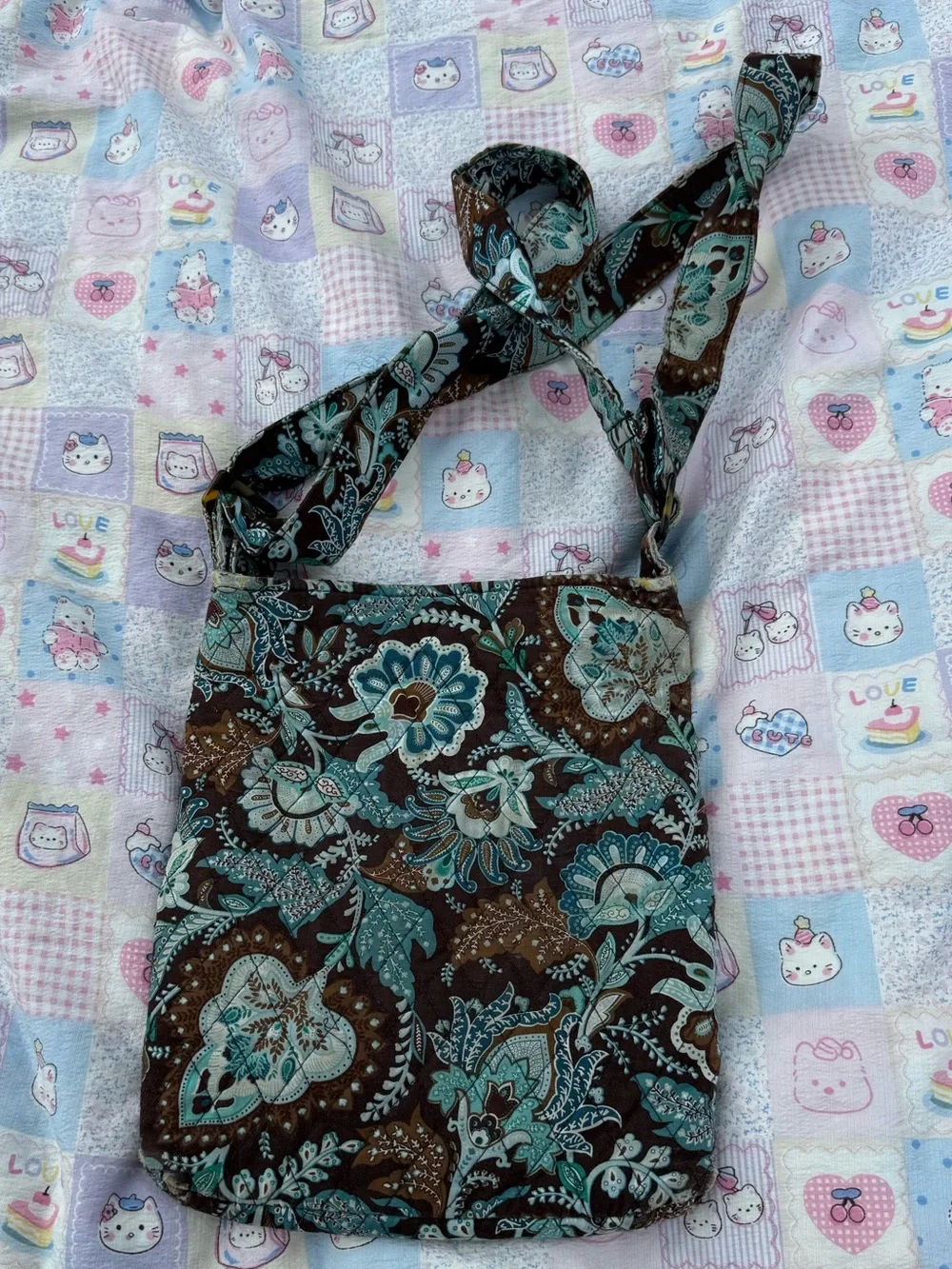 Vera Bradley Brown and Teal Quilted Crossbody Bag